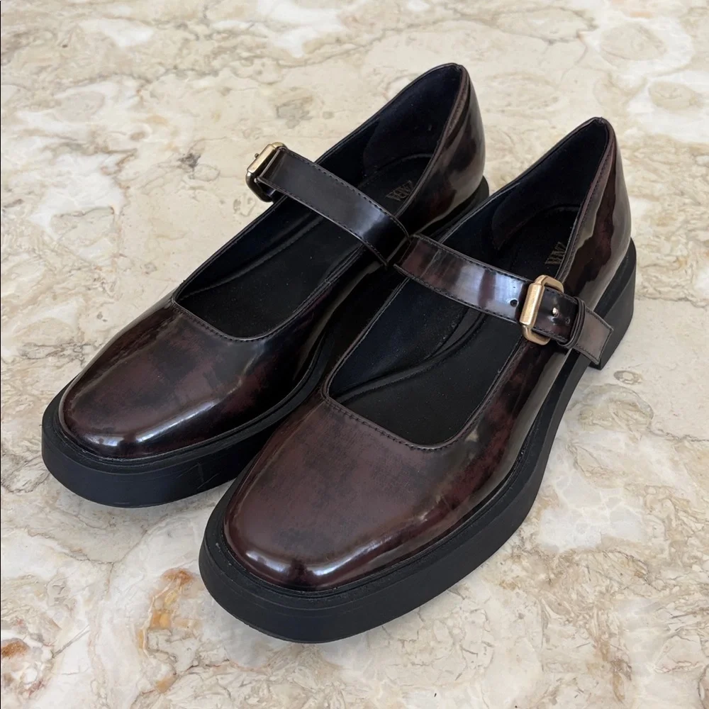 ZARA Burgundy Patent Mary Jane Platform Loafers – Chunky Sole - Picture 4 of 10